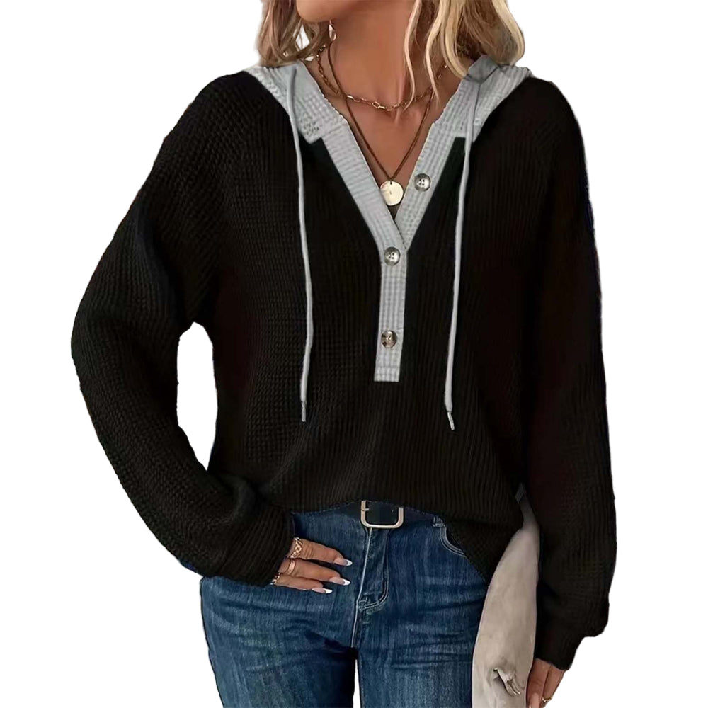 Women's Solid Color Waffle Fabric Hooded Loose Fit Sweater Long Sleeve Sweatershirt