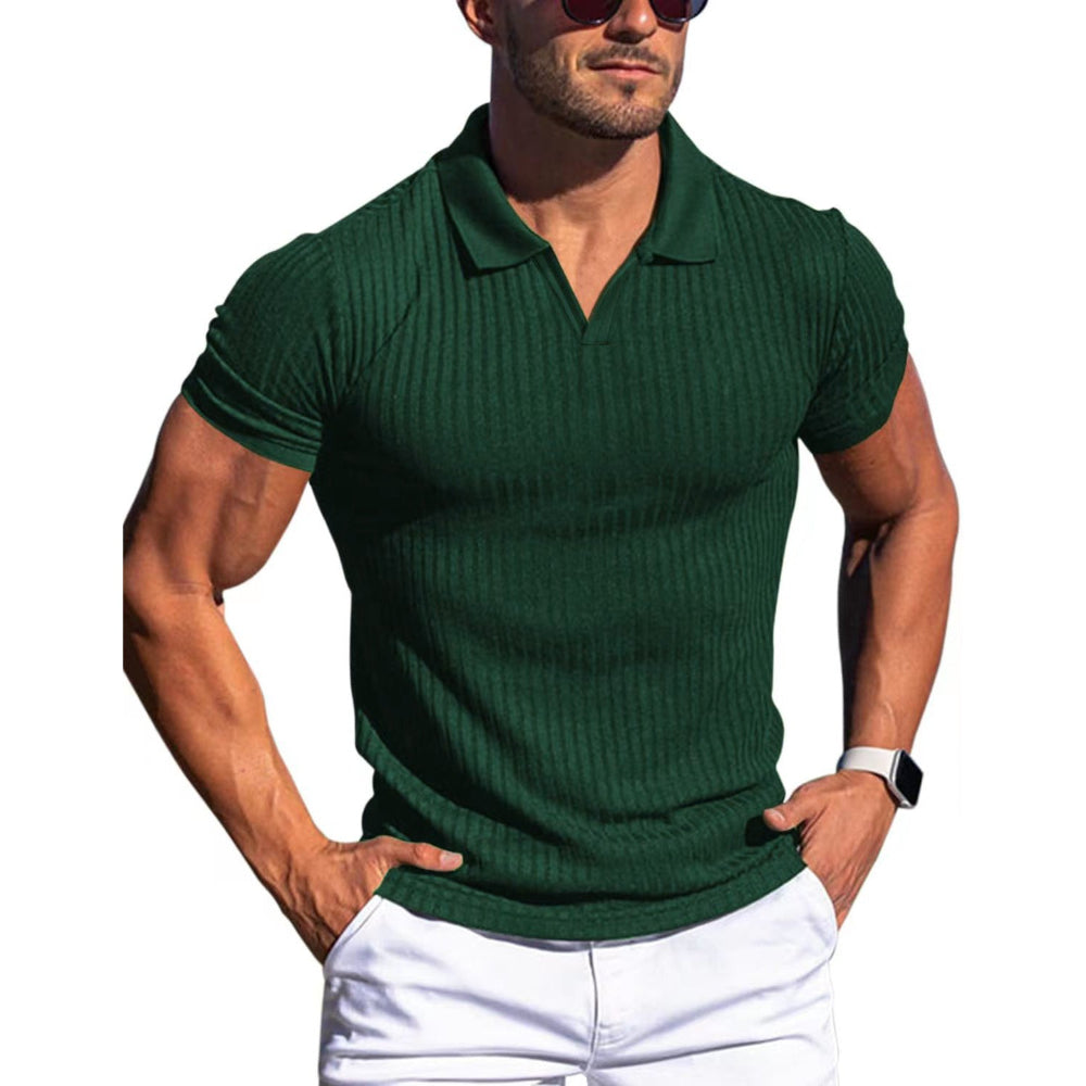 Men's Polo Shirt Lapel V-Neck Vertical Striped Short Sleeve