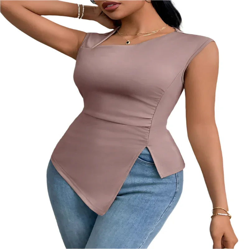 Irregular Women's T-Shirt Diagonal Collar Sleeveless Top