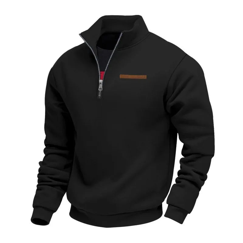 Fleece-Lined Mid-Length Zip-Up Loose-Fit Stand-Up Collar Casual Sweater