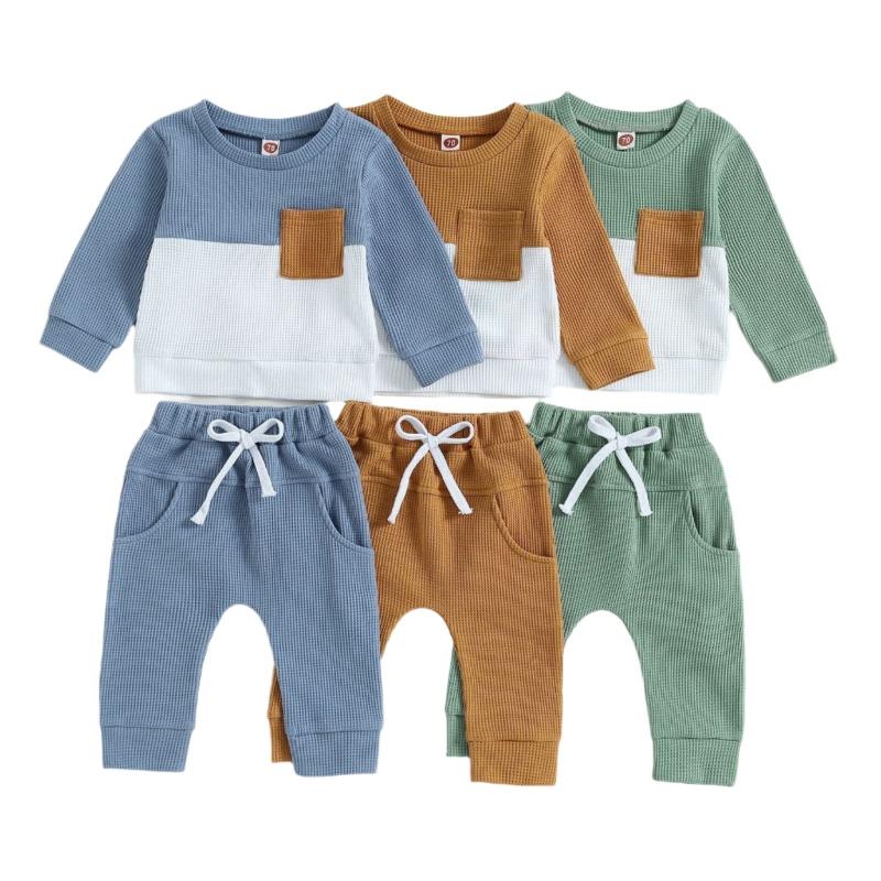 Color Matching Sweater With Chest Pocket & Lace - Up Sweatpants 2 - Piece Baby Boy Casual Clothing Set - Weriion