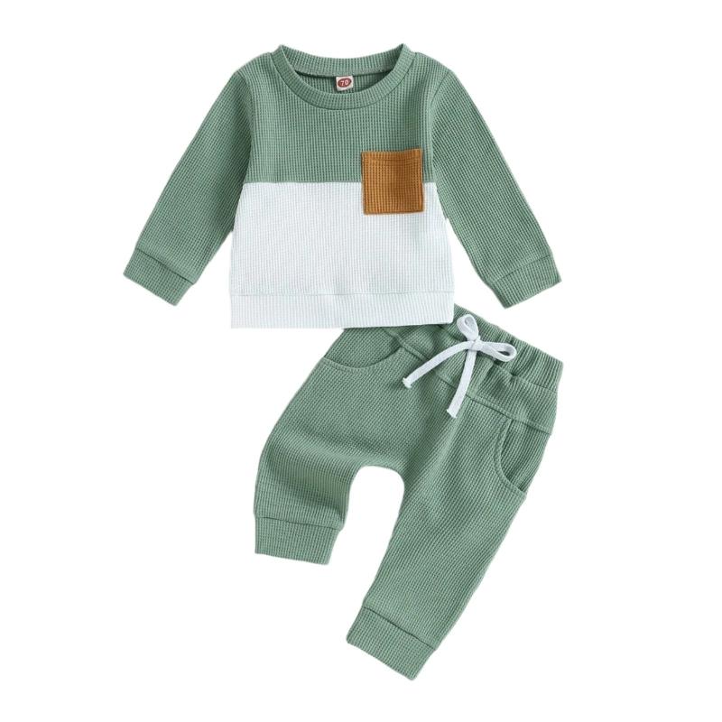 Color Matching Sweater With Chest Pocket & Lace - Up Sweatpants 2 - Piece Baby Boy Casual Clothing Set - Weriion