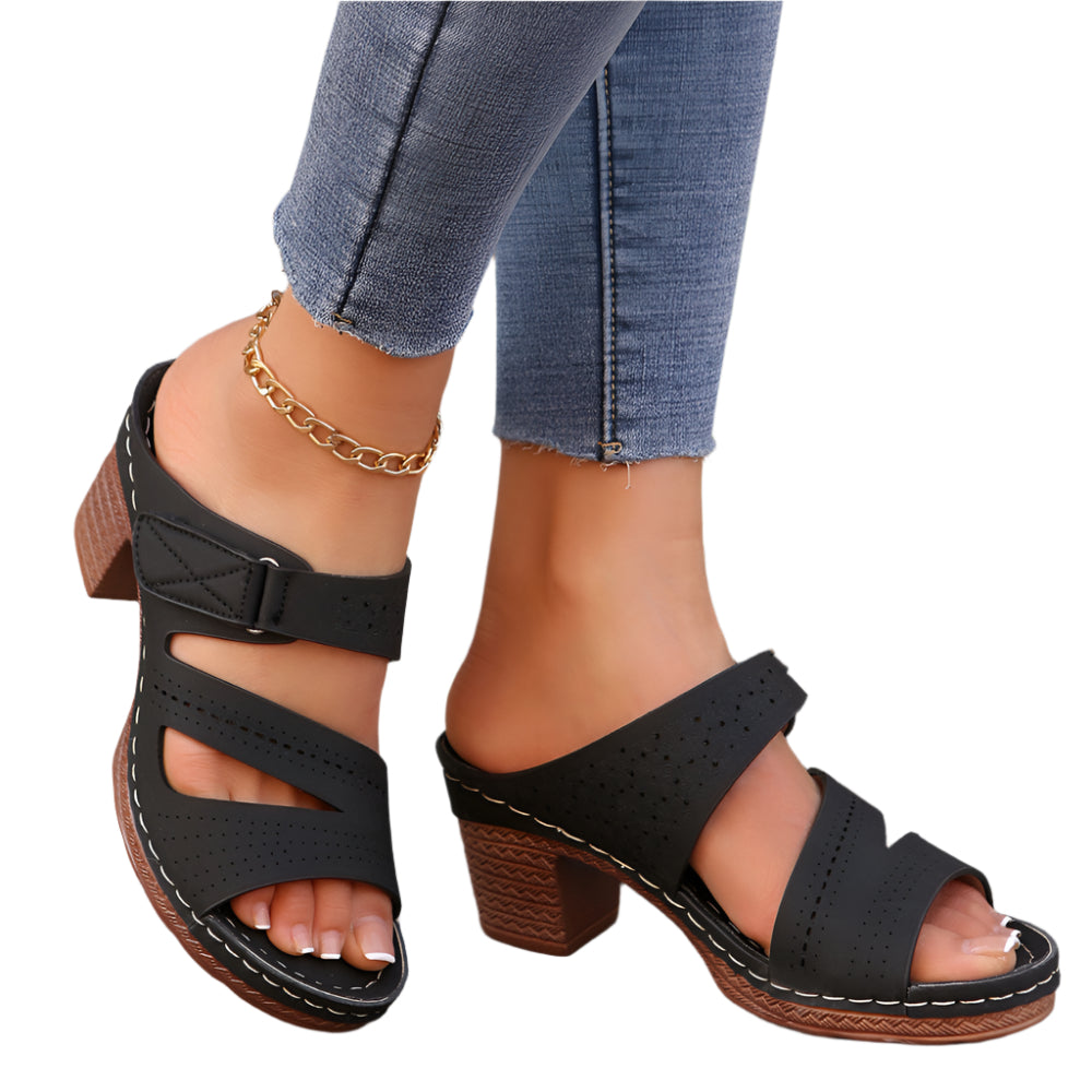 Square-Heeled Peep-Toe Summer Sandals Solid Color Casual Shoes