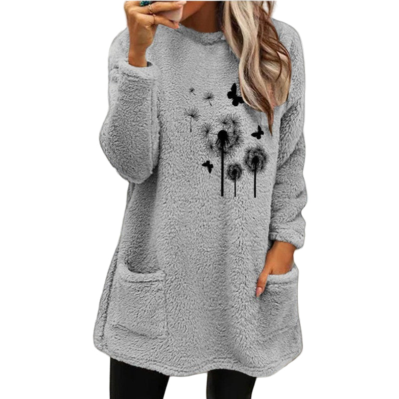 Women's Round Neck Pullover Long Sleeve Pocket Embossed Double-Sided Velvet Sweater