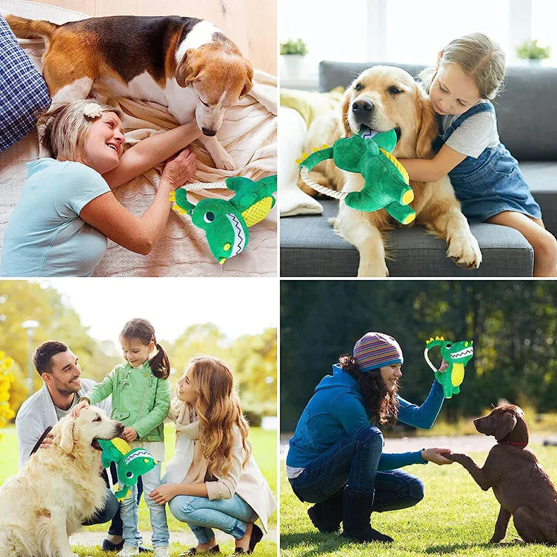 Pet Dog Plush Sounding Durable Soft interactive Dinosaur Shape Chew Toy With Squeaker.