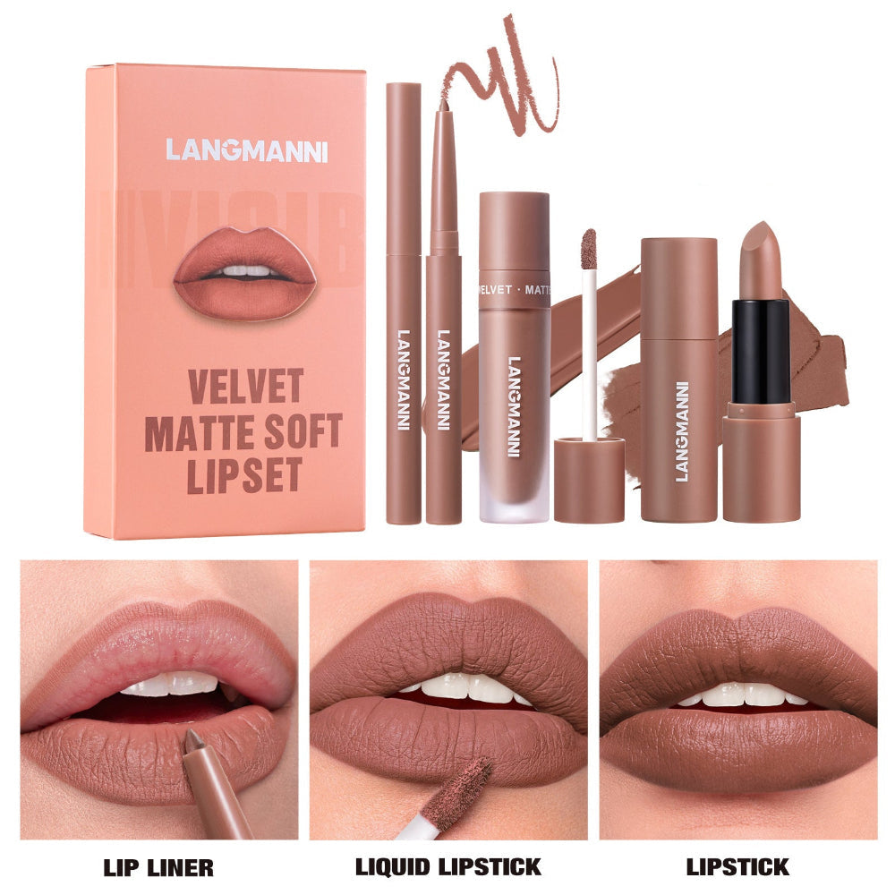 Six-Color Lipliner Liquid Lipstick & Lipstick 3pcs Set
