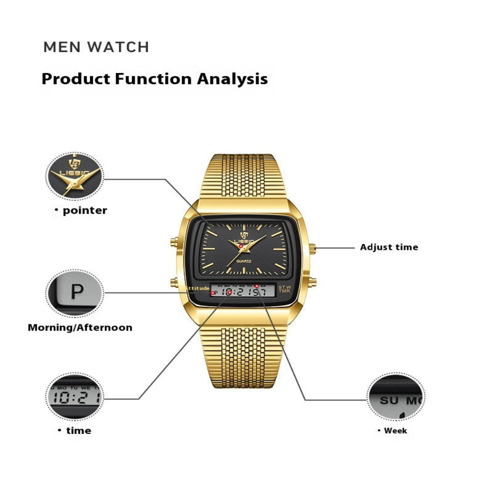 Business Casual Waterproof Double Display Electronic Quartz Watch
