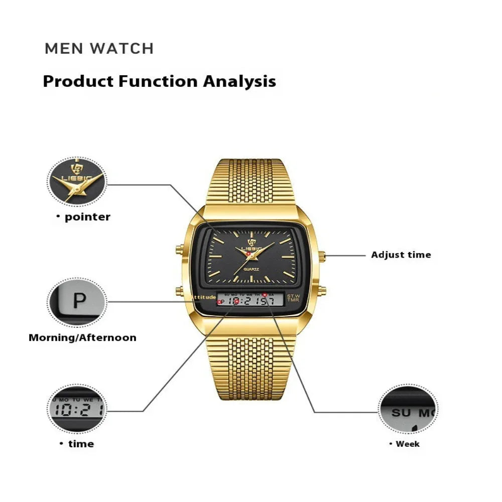 Business Casual Waterproof Double Display Electronic Quartz Watch