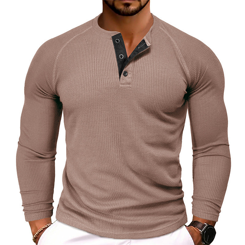 Men's Round Neck Waffle Casual Buttoned Long Sleeve T-Shirt