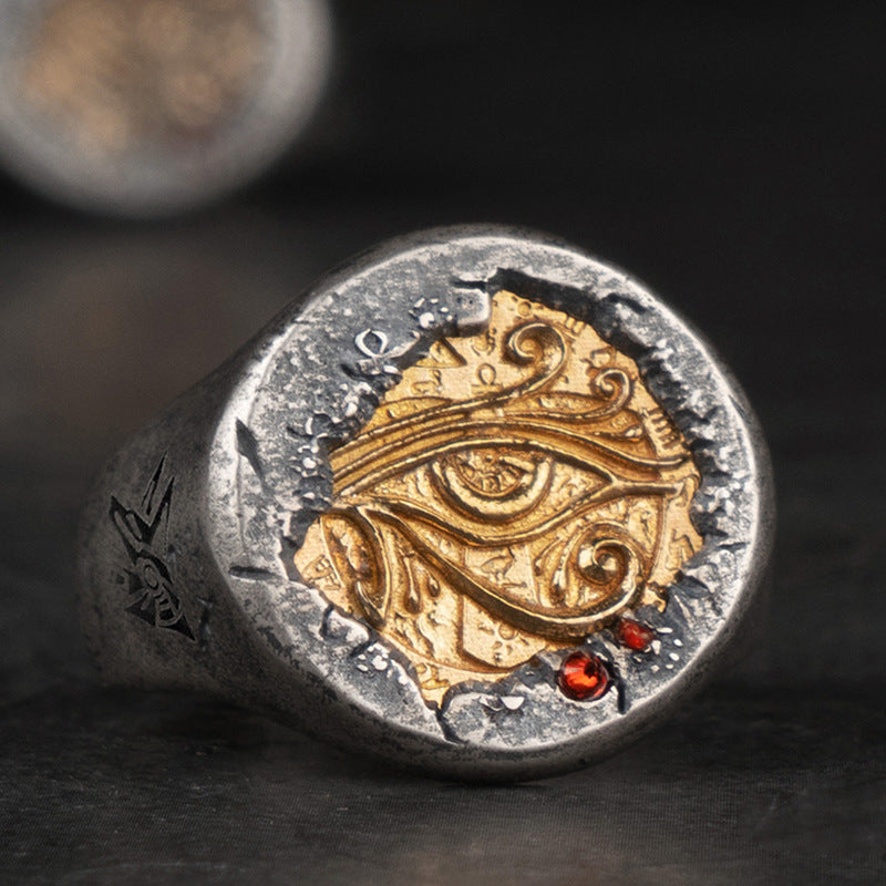 Pharaoh's Treasure Horus Eye Silver Inlaid Copper Ring