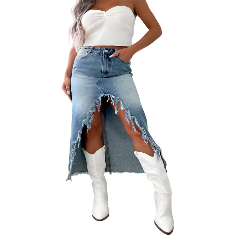 Denim High Waist Irregular Raw Hem Worn Looking Washed - Out Skirt - Weriion