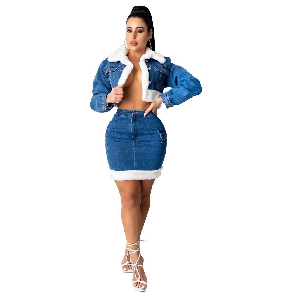 Denim Skirt Plush Denim Two - Piece Suit - Weriion