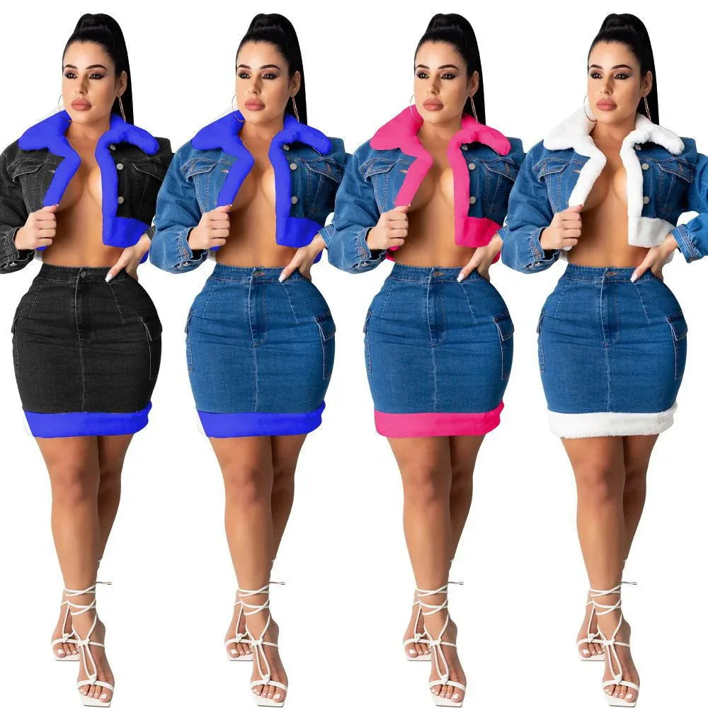 Denim Skirt Plush Denim Two - Piece Suit - Weriion