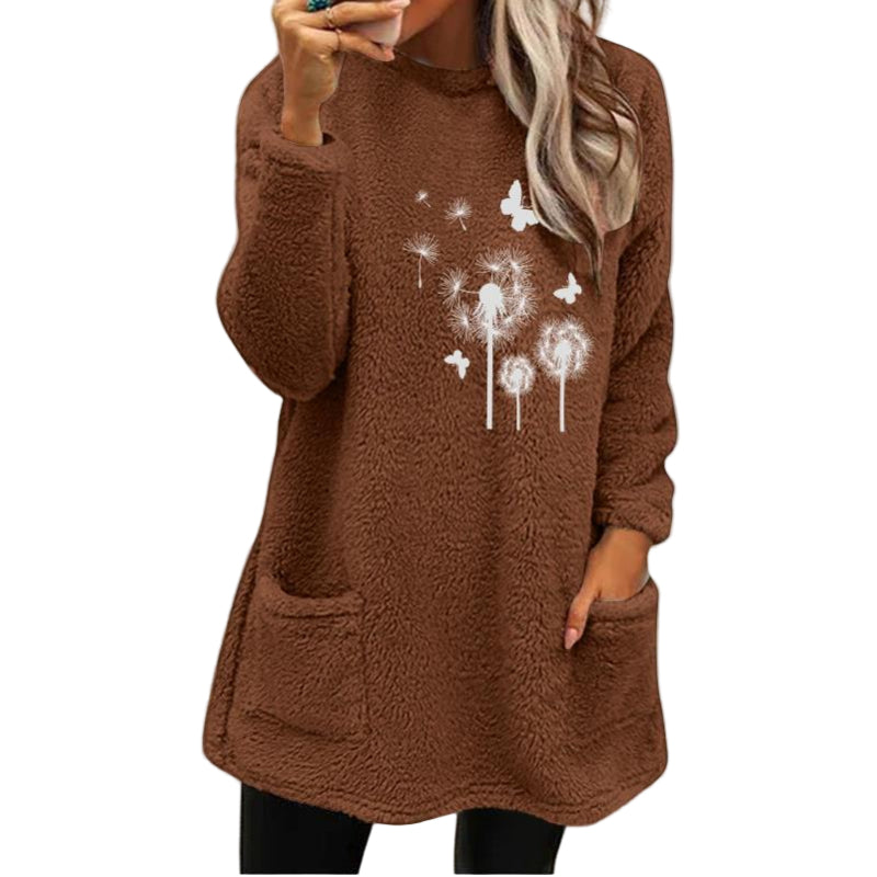 Women's Round Neck Pullover Long Sleeve Pocket Embossed Double-Sided Velvet Sweater