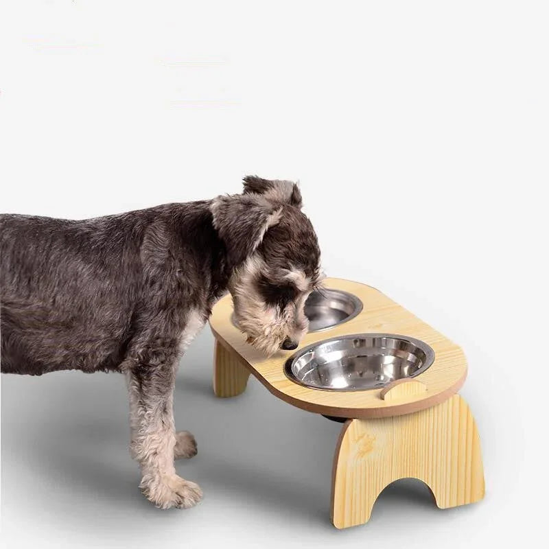 Double Pet Dog Bowl With Wooden Stand - Weriion