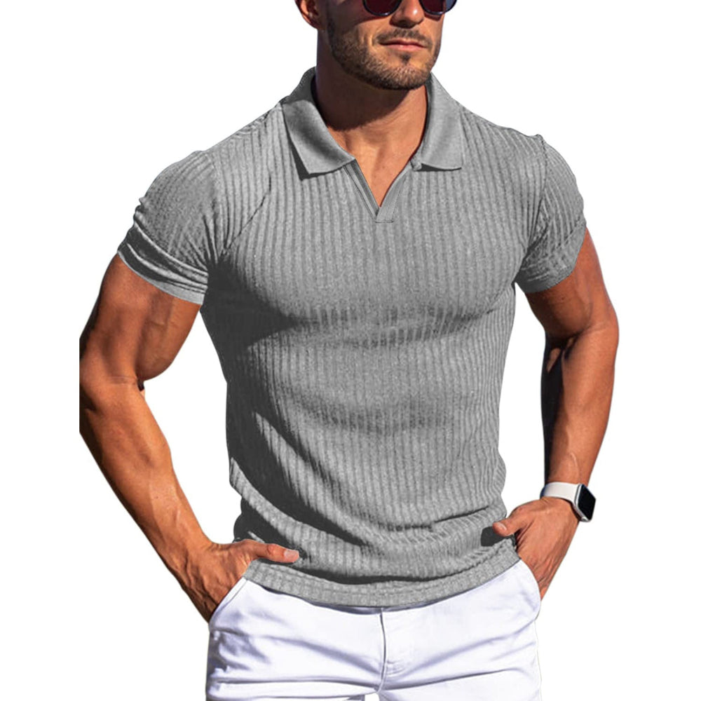 Men's Polo Shirt Lapel V-Neck Vertical Striped Short Sleeve