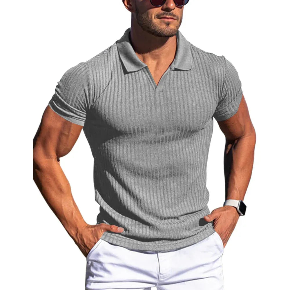 Men's Polo Shirt Lapel V-Neck Vertical Striped Short Sleeve