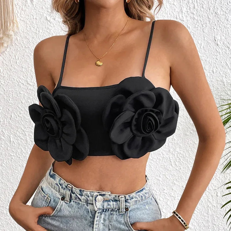 Elastic Sexy Black Flower Camisole Crop Top For Women