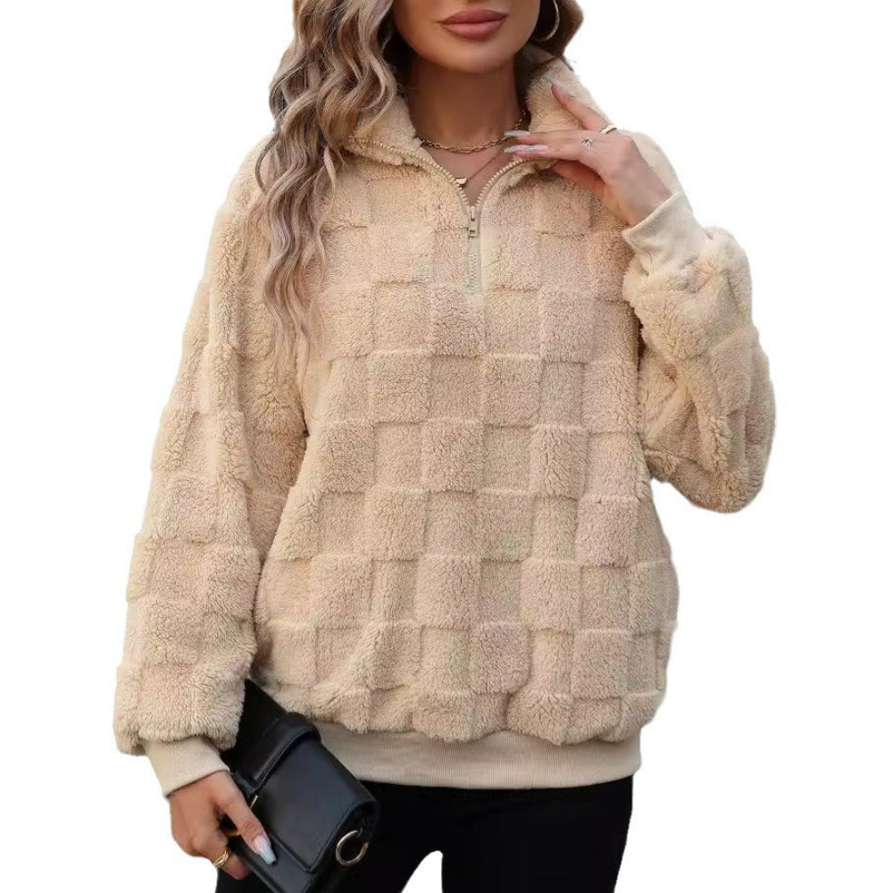 Women's Half Zipped Stand Collar Loose Plaid Plush Pullover Sweater