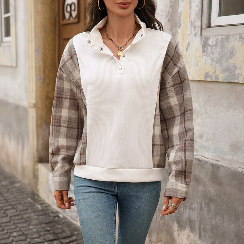 Casual Retro Plaid Stitching Loose Women's Sweater Top