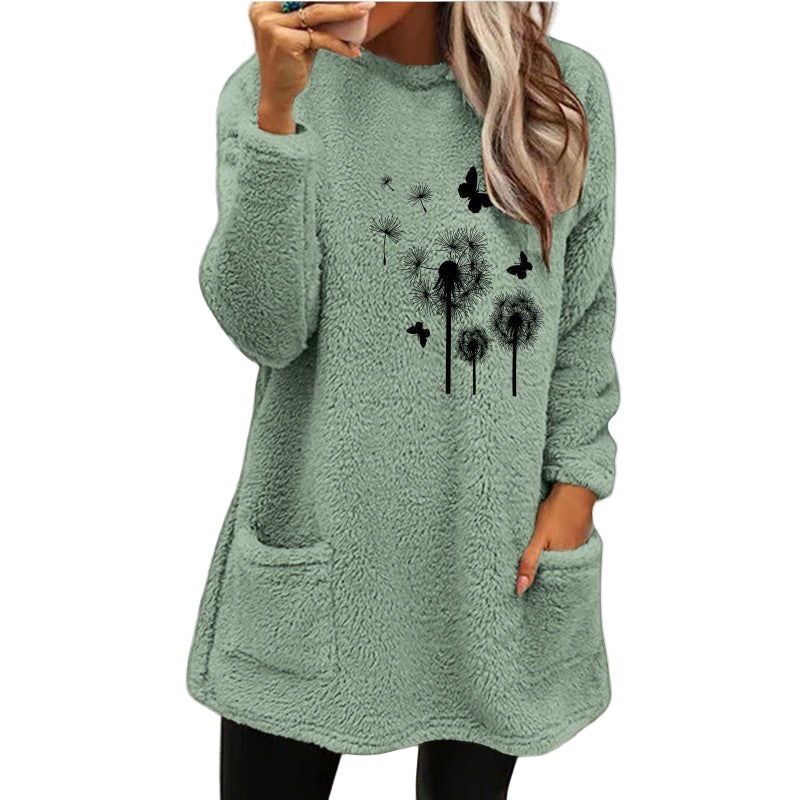 Women's Round Neck Pullover Long Sleeve Pocket Embossed Double-Sided Velvet Sweater