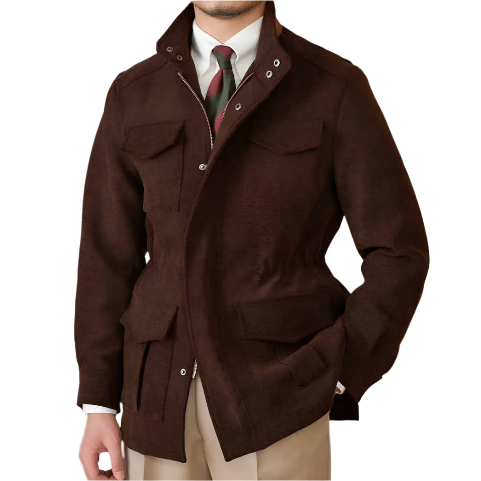 Elastic Waist Stand Collar Multi - Pocket Safari Vintage Gentlemans Coat Jacket - Weriion