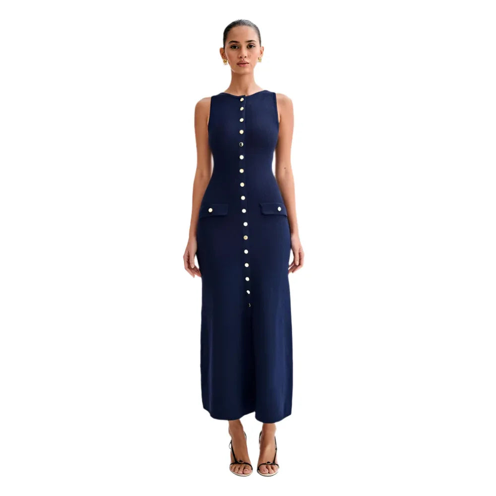 Elegant Knitted Sleeveless Dress With Single Breast Slim Fit Round Neck Women's Clothing - Weriion