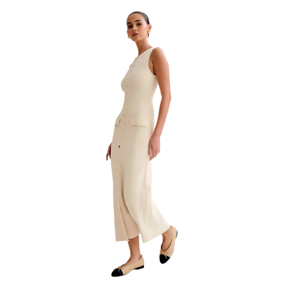 Elegant Knitted Sleeveless Dress With Single Breast Slim Fit Round Neck Women's Clothing - Weriion