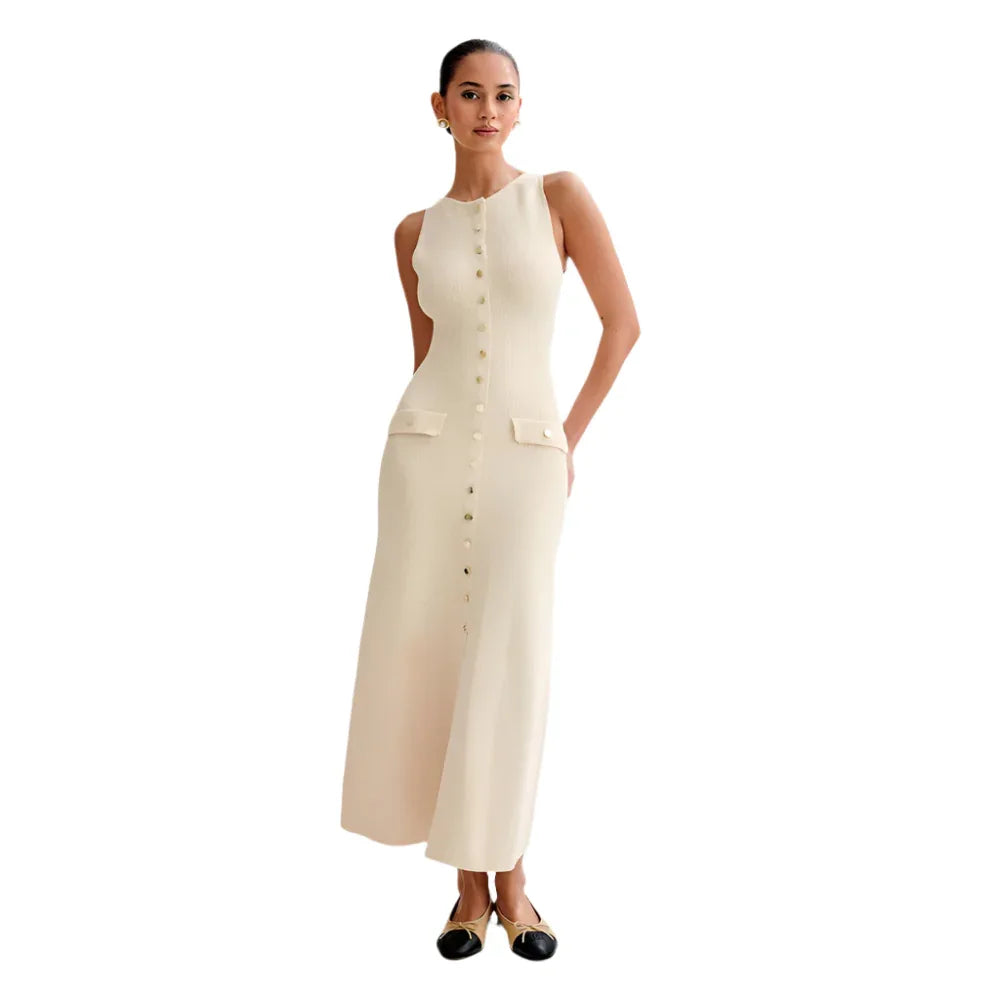 Elegant Knitted Sleeveless Dress With Single Breast Slim Fit Round Neck Women's Clothing - Weriion