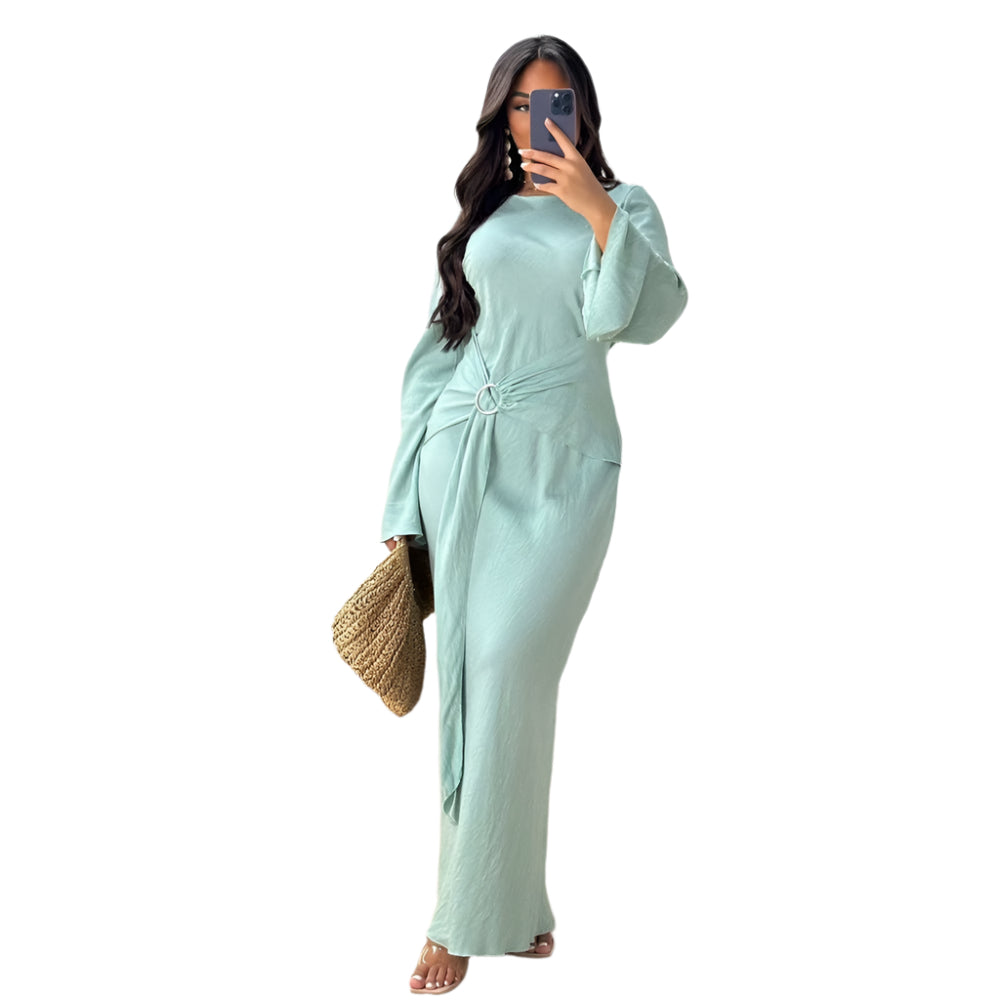 Elegant Solid Color Round - Neck Long - Sleeved Dress - Weriion