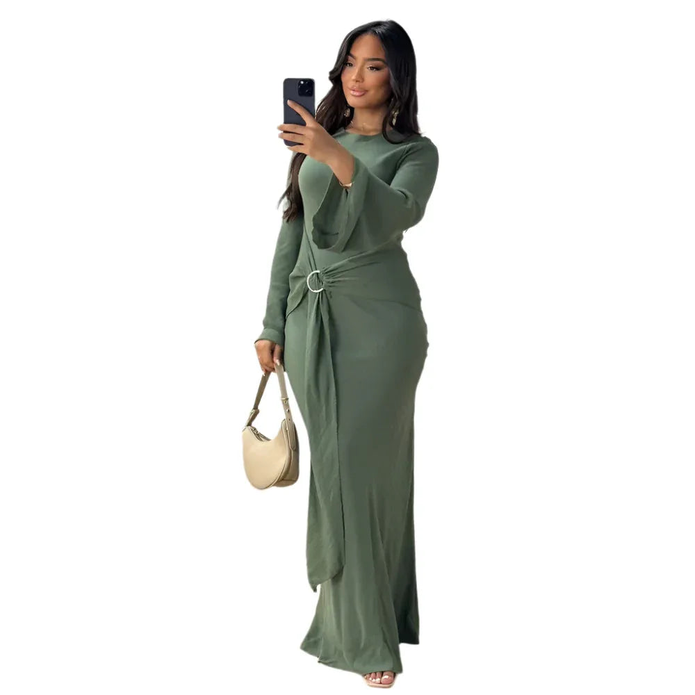 Elegant Solid Color Round - Neck Long - Sleeved Dress - Weriion