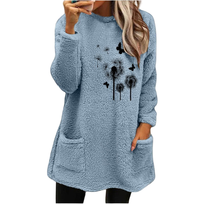 Women's Round Neck Pullover Long Sleeve Pocket Embossed Double-Sided Velvet Sweater