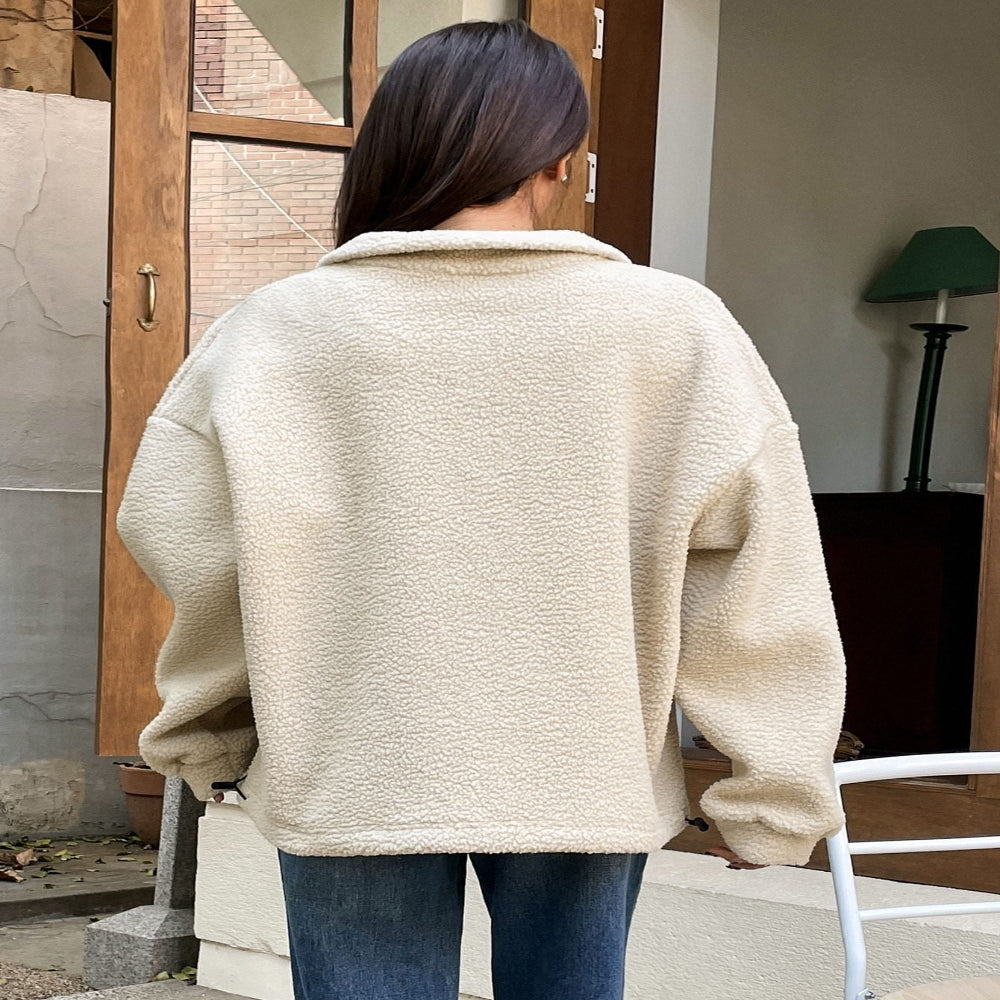 Patched Detail Drop Shoulder Half Zip Fleece Sweatshirt Long Sleeve Sweater Tops For Women