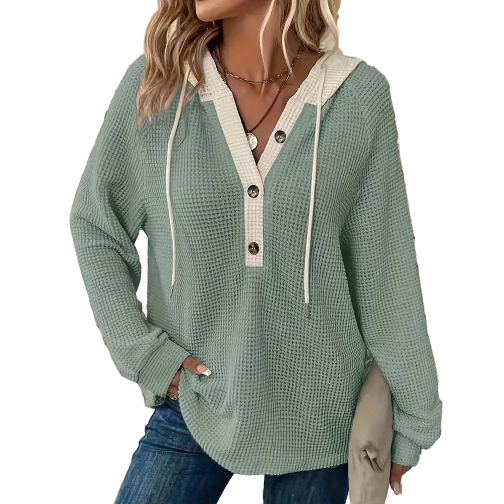 Women's Solid Color Waffle Fabric Hooded Loose Fit Sweater Long Sleeve Sweatershirt