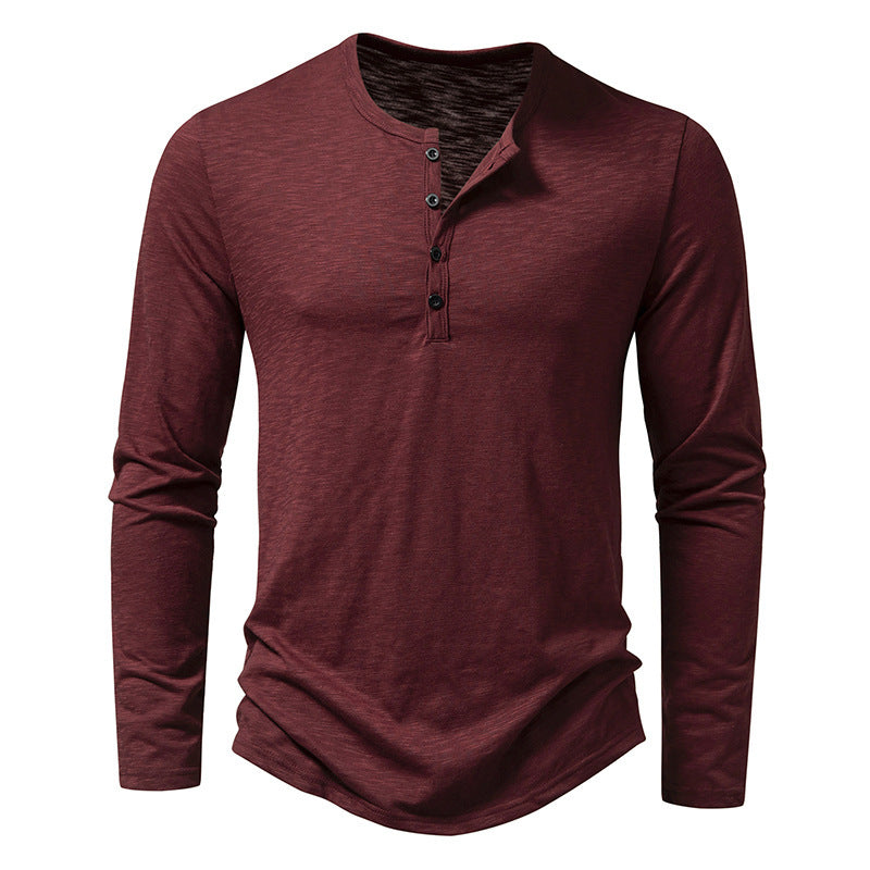 Men's Long-Sleeved T-Shirt Fashion Casual Solid Color Pullover Button Top Autumn And Spring Clothing
