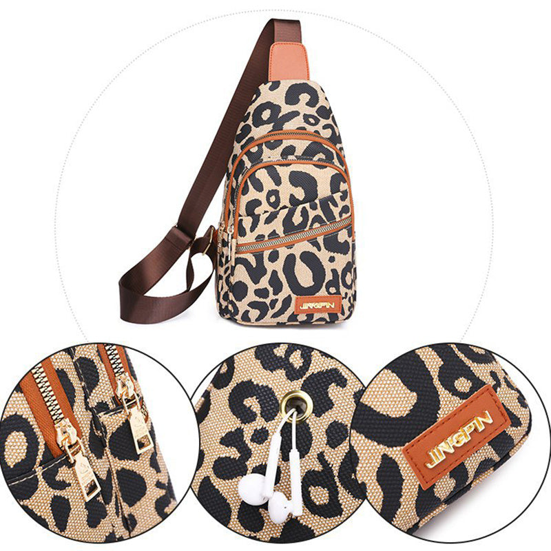 Leopard Print Sling Chest Bag With Headphone Jack Crossbody Shoulder Bag For Women