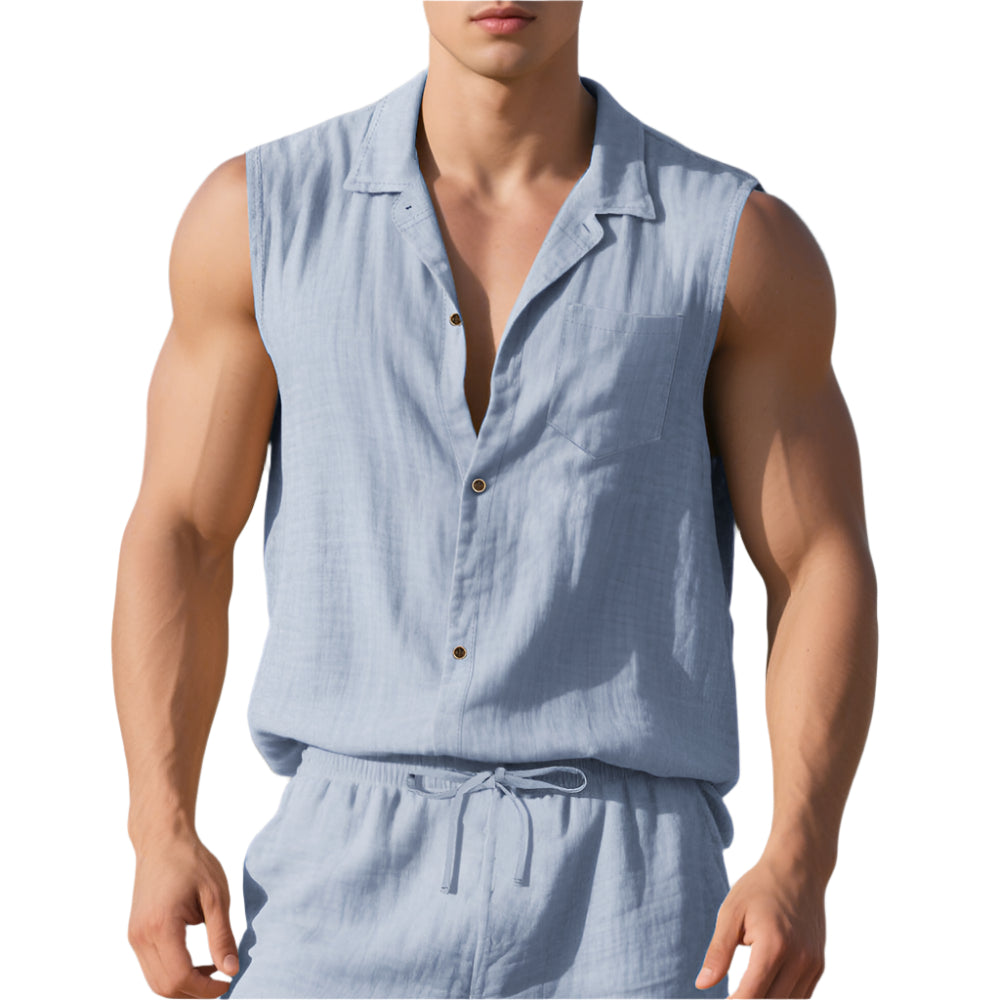Sleeveless Linen Polo Shirt Vest For Men