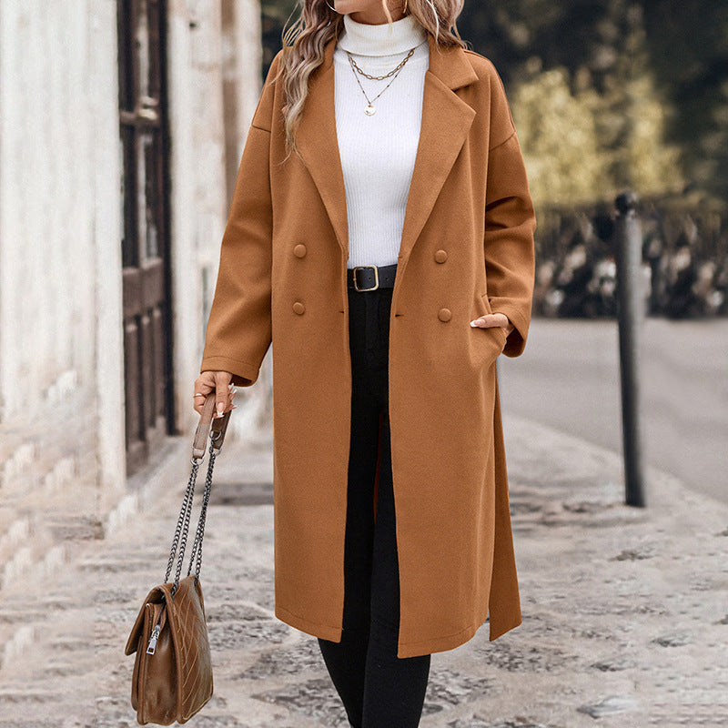 Women's Lace-Up Extended Solid Color Woolen Coat