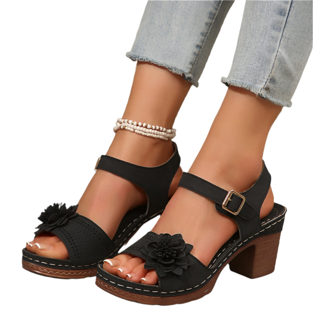 Women's Flowers Chunky Heel Sandals Summer Plus Size Platform Shoes