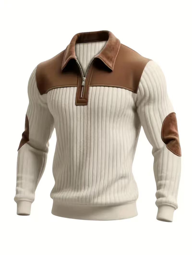 Notched-Collar Patchwork Knit Top Sweater With Zipper For Men