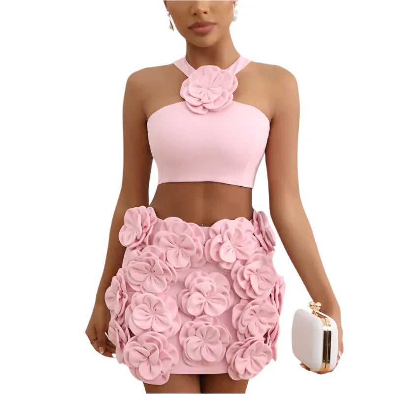 Fashion Clothing Set Crop Top & Decorative Flower Skirt - Weriion
