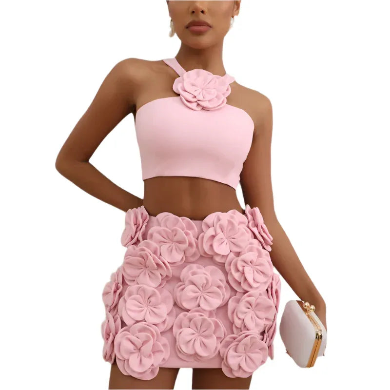 Fashion Clothing Set Crop Top & Decorative Flower Skirt - Weriion