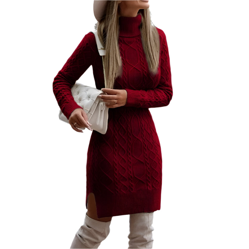 Fashionable Warm Turtleneck Knitted Dress With Slit Design - Weriion