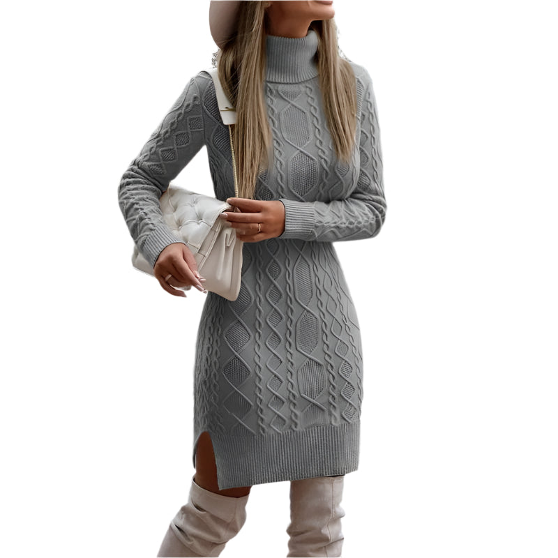 Fashionable Warm Turtleneck Knitted Dress With Slit Design - Weriion