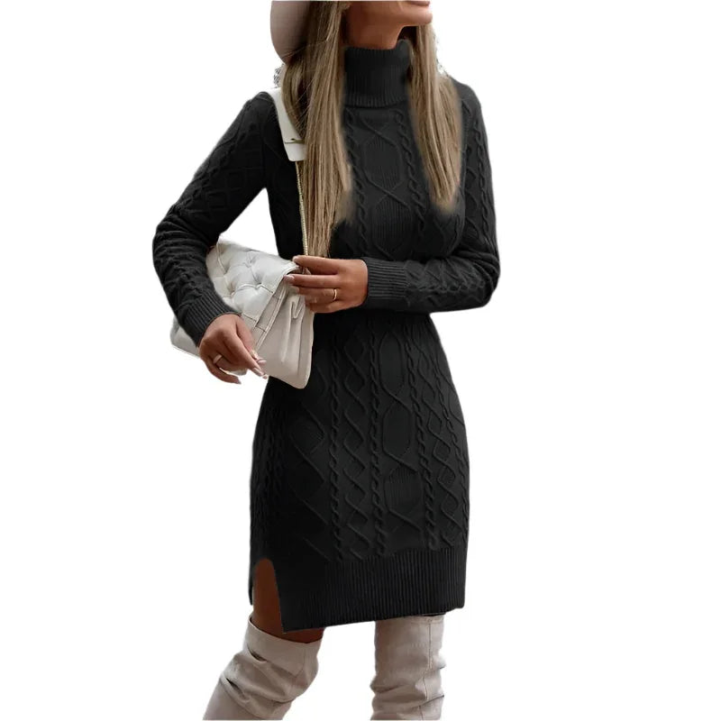 Fashionable Warm Turtleneck Knitted Dress With Slit Design - Weriion