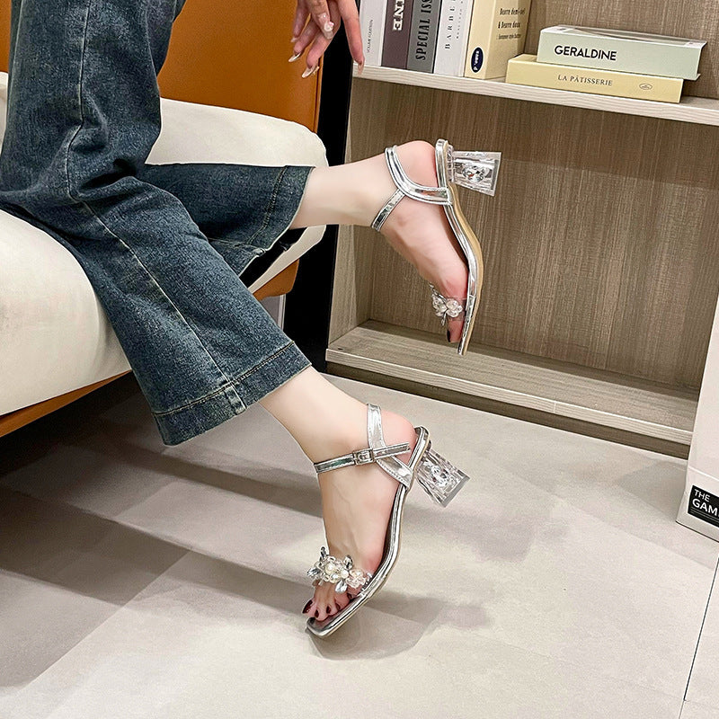 Chunky Heel Rhinestone One-Strap Outdoor High Heels Sandals