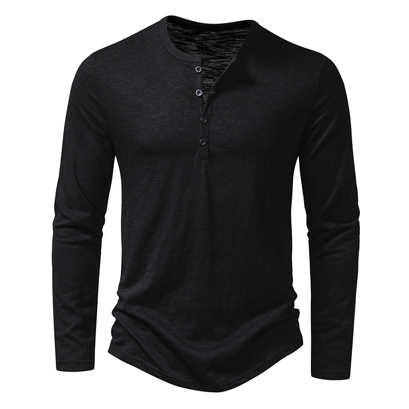 Men's Long-Sleeved T-Shirt Fashion Casual Solid Color Pullover Button Top Autumn And Spring Clothing