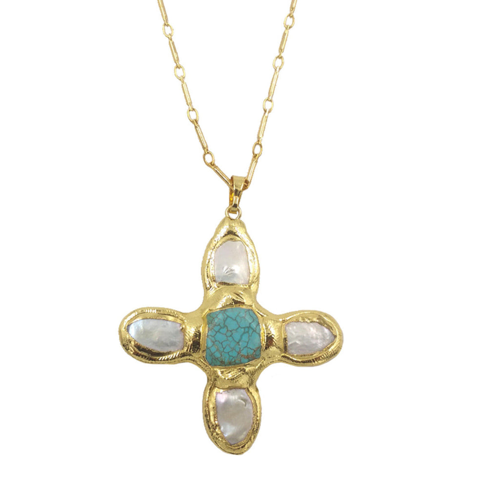 Cross Shape Turquoise Freshwater Pearl 18K Gold-Plated Inlaid Pendant Necklace