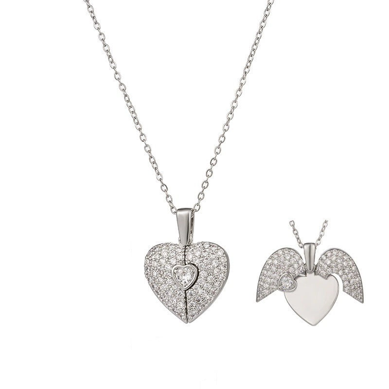 Women's Heart Opening And Closing Necklace Wings Pendant Clavicle Chain Jewelry