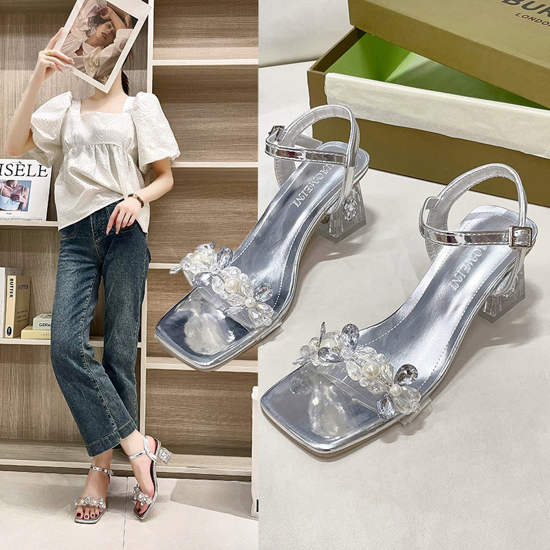 Chunky Heel Rhinestone One-Strap Outdoor High Heels Sandals